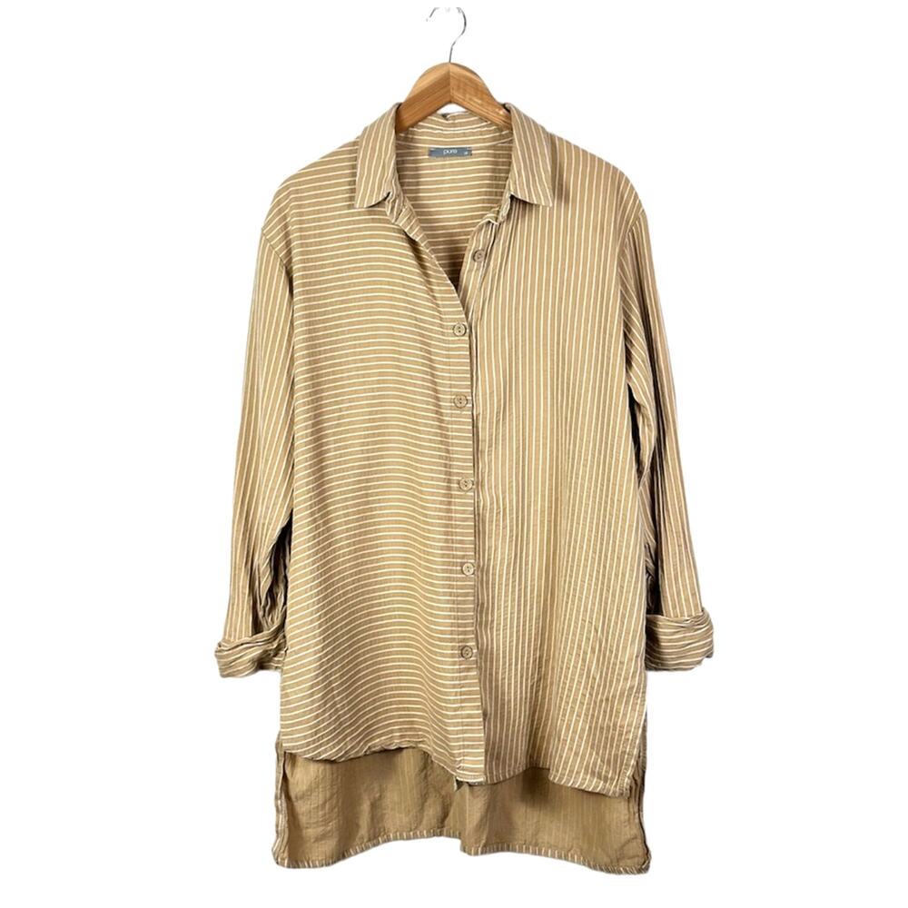 Pure Lagenlook Mixed Stripe Tunic Top SZ 38 US Medium Button Up Tan White